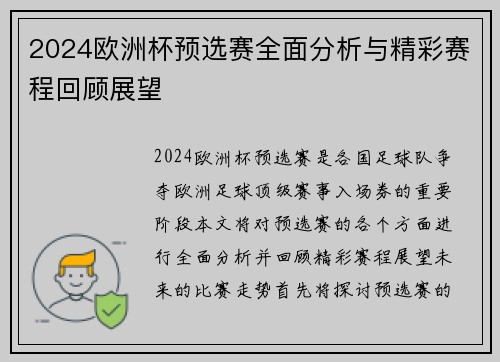 2024欧洲杯预选赛全面分析与精彩赛程回顾展望